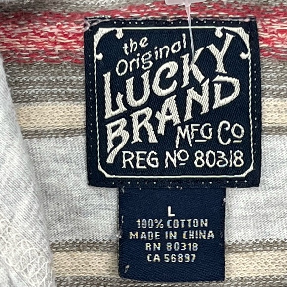 Lucky Brand Knit Wear Hoodie Large Gray & Red Stripe Pullover Casual Preppy Men - Picture 5 of 15